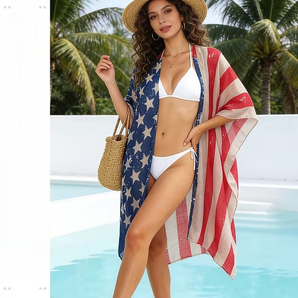 USA Boho Beach Cover-Ups Patriotic 250 Kaftan Blouse Top Shawl New Resort Sheer
